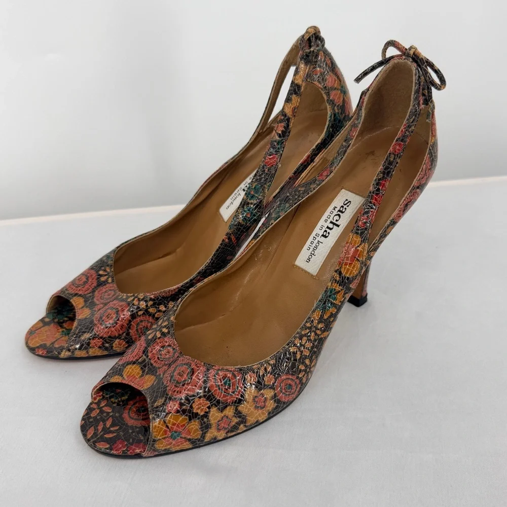 Sacha London Floral Leather Peep Toe Heels Size 7 Made in Spain